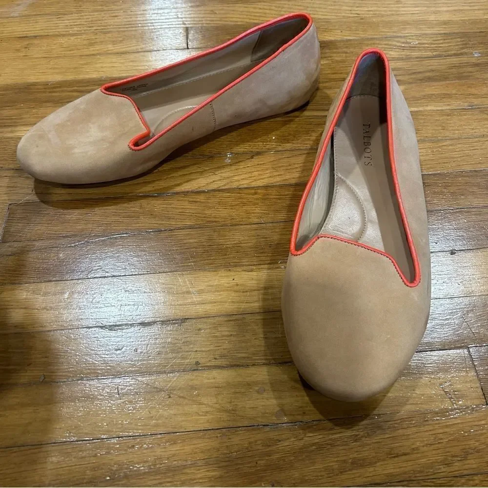 Talbots Zelda Nude and Orange Piping Suede Leather Smoking Loafer flats